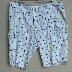 Jofit Women’s Size 16 Grid Print Bermuda Golf Shorts White Blue Yellow Outdoor